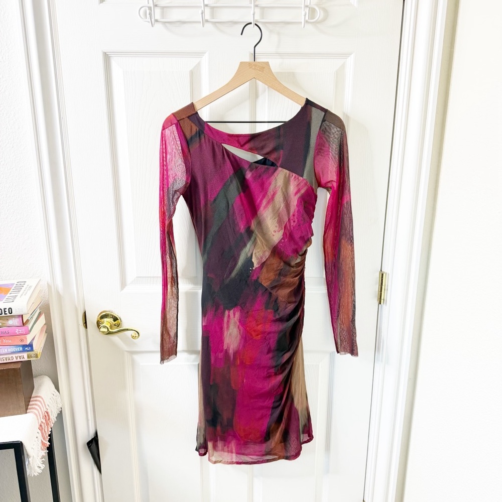 Elana‎ Kattan Mesh Overlay Abstract Pink Cutout Mini Dress Long Sleeve Ruched S